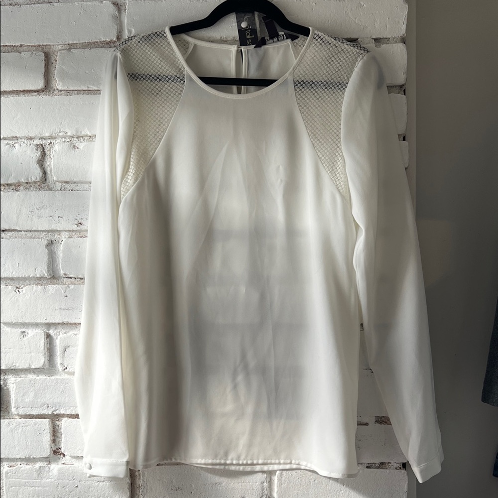 long tall sally White Long-Sleeve Blouse with Mesh Shoulders